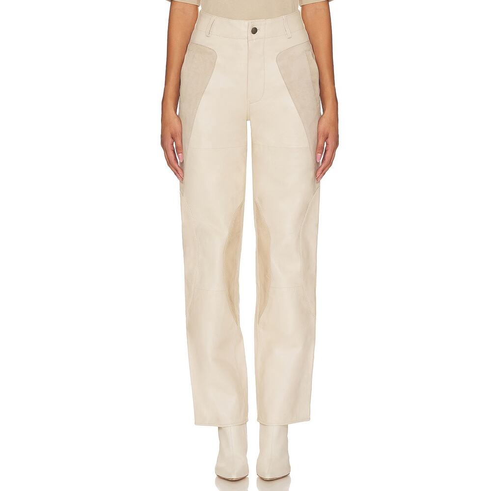 Deadwood Yoshi Lamb Leather Pant Suede Panels Straight Hi-Rise Off White Size 36
